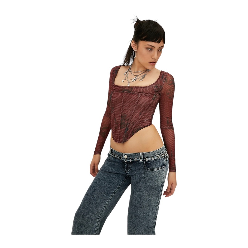 Miaou Burgundy Mesh Corset-Style Long Sleeve Top